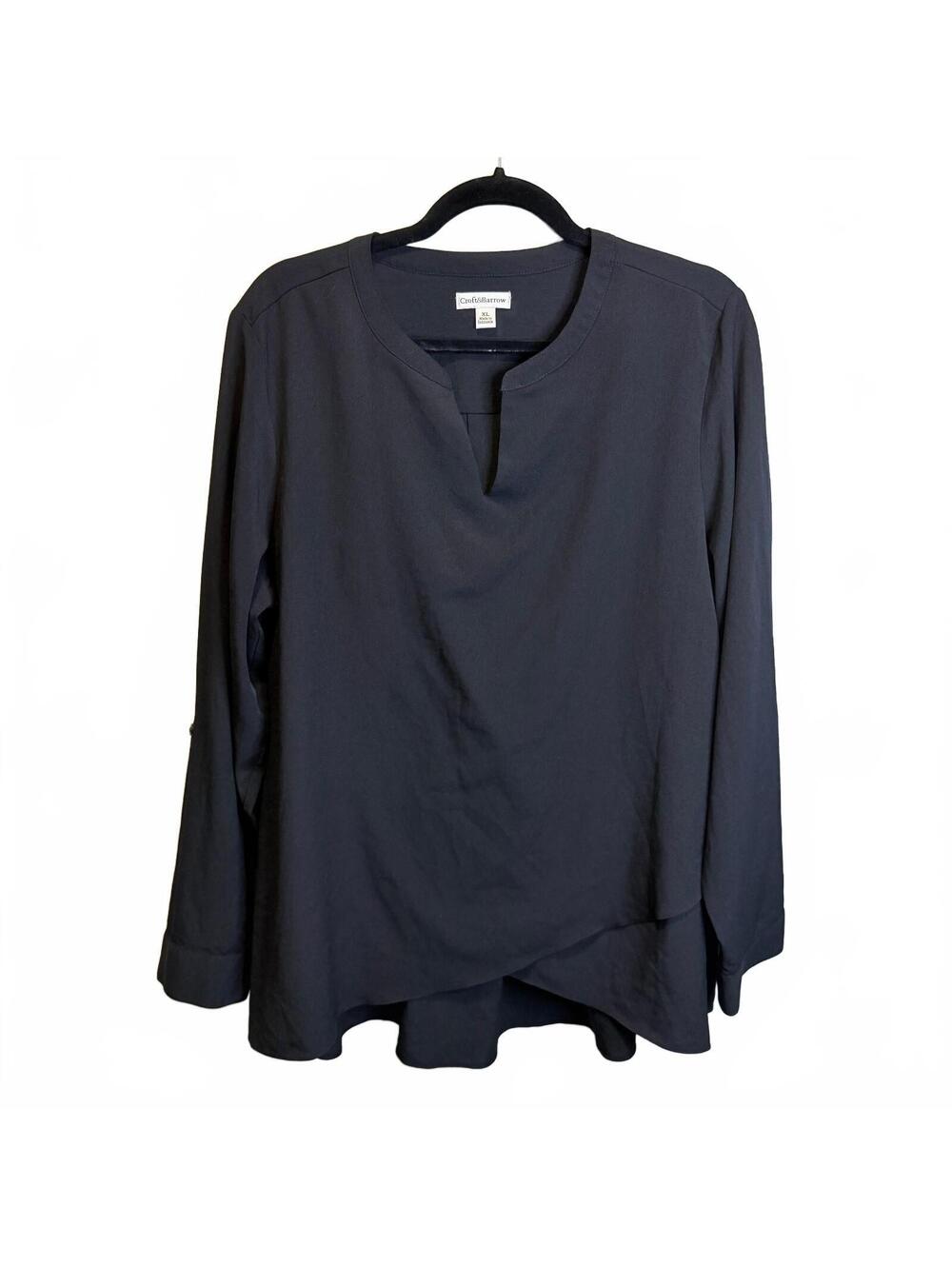 Croft & Barrow XL Black Split Neck Blouse Long Sleeve High Low Work Top